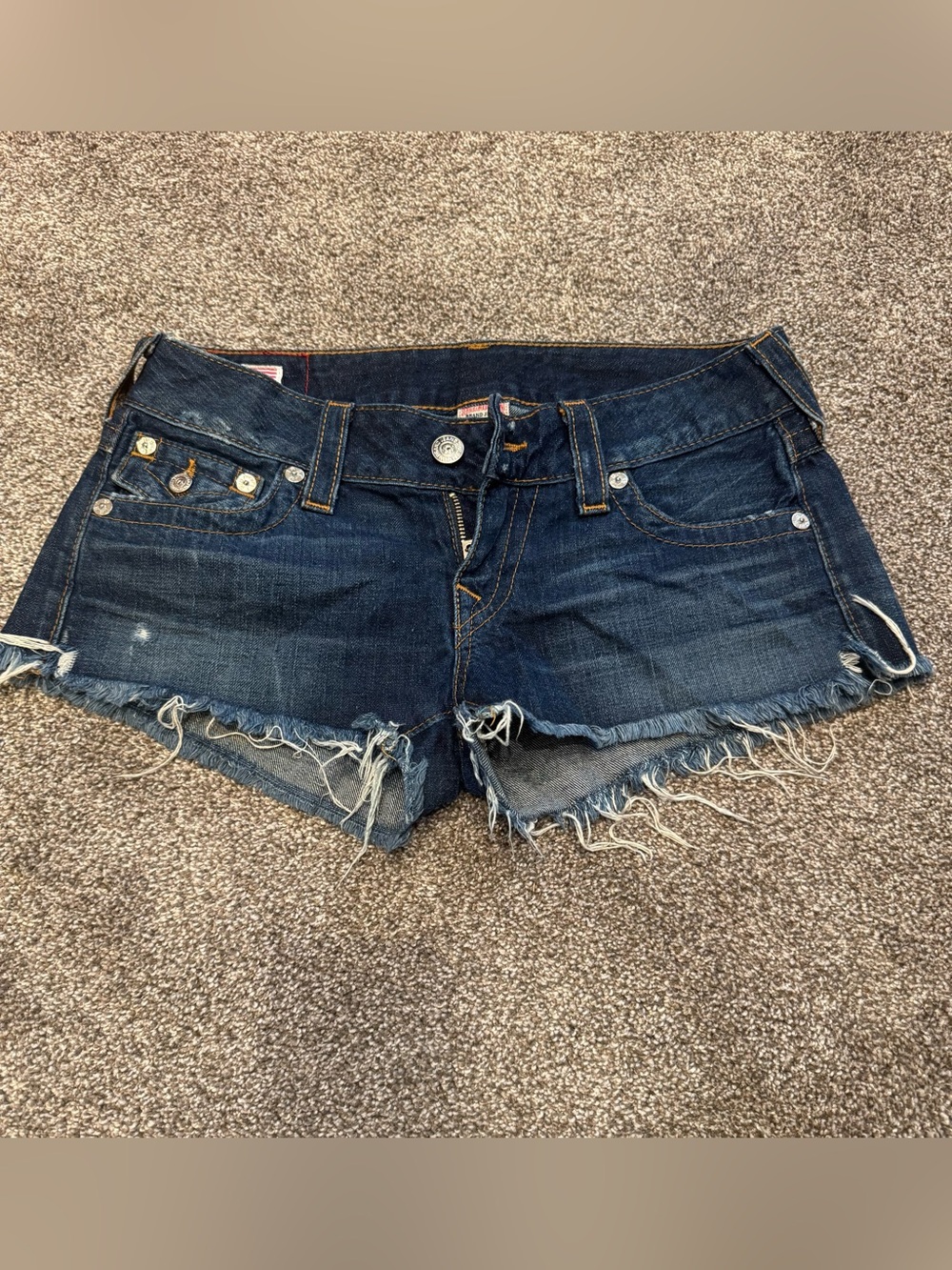 True Religion Dark Blue Distressed Cutoff Jean Shorts